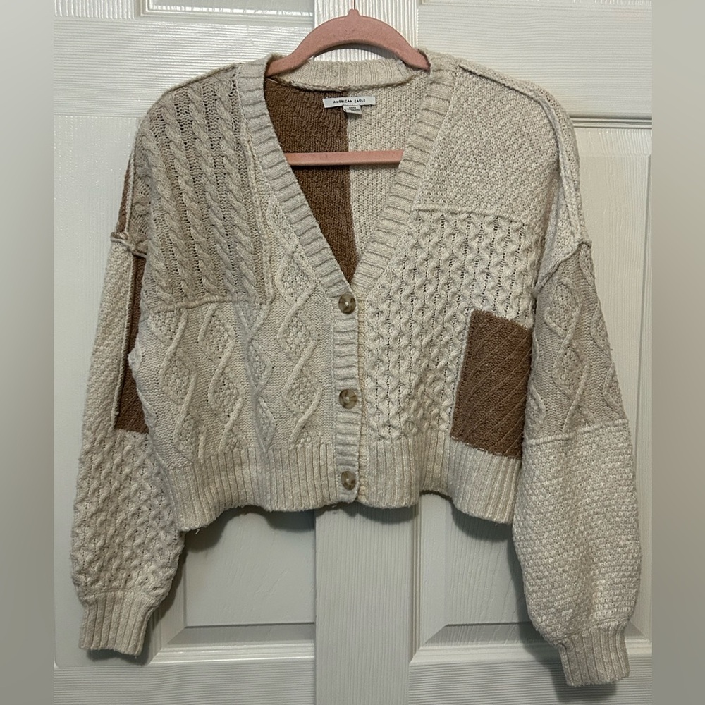 American Eagle Outfitters Cream and Brown Knit Cardigan